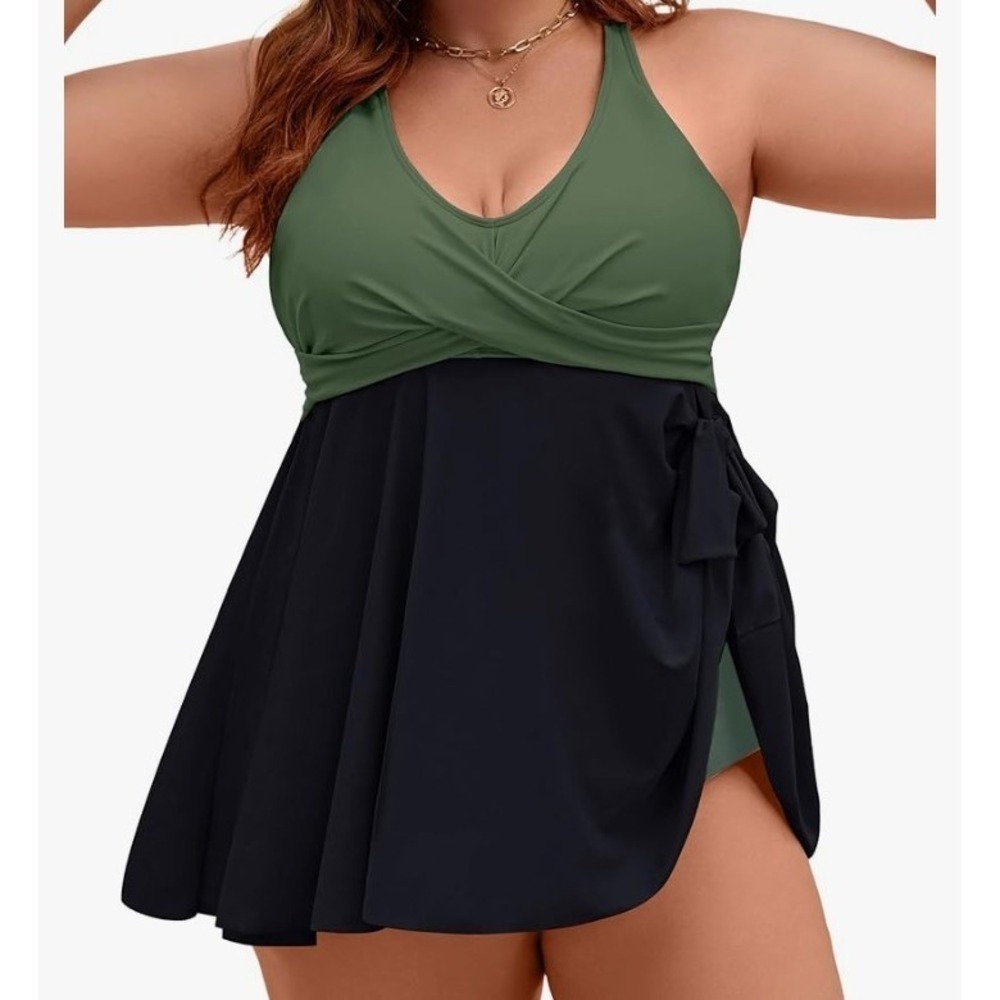 Sothea Women One Piece Green Black Tummy Control Flowy Mesh Tankini Size 14W